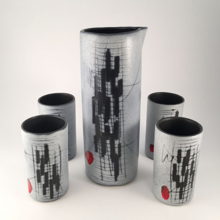 ceramic jug and 4 cups by Francois Caleca, vallauris
