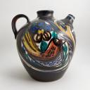 Vintage signed large ceramic jug painted with colored birds_6