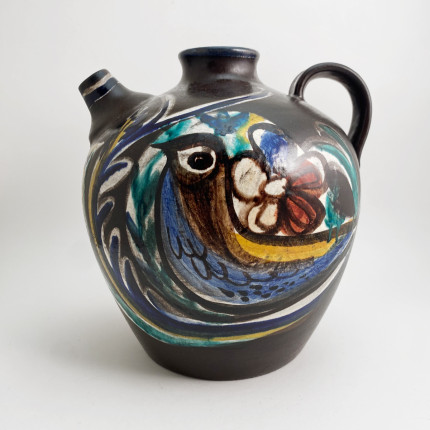 Vintage signed large ceramic jug painted with colored birds