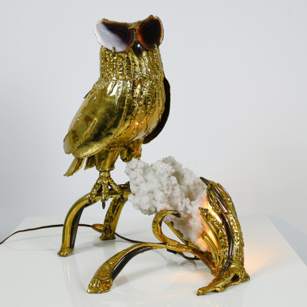 French owl brass and agate lamp by Henri Fernandez, circa 1970