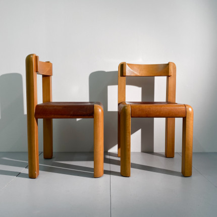 6 brutalist wood and leather chairs