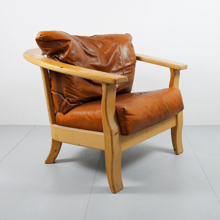Brutalist easy chair leather and wood