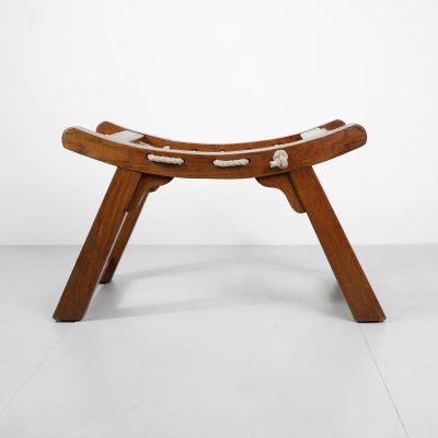 French brutalist wooden and rope stool, circa 1970_0