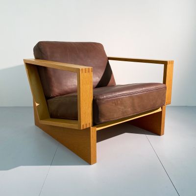 Large wood and leather brutalist easy chair_0