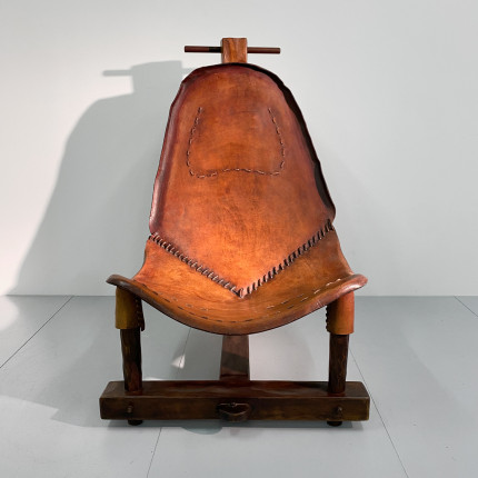 Vintage spanish brutalist shepherd wood and leather chair
