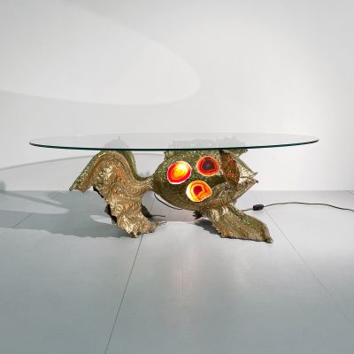 Brutalist Henri Fernandez fish table lamp, brass and agate_0